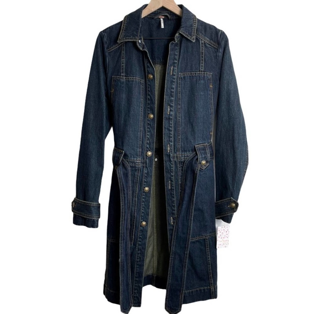 FREE PEOPLE NWT Belted Dark Blue Denim Jacket Coat — Small - Picture 9 of 16